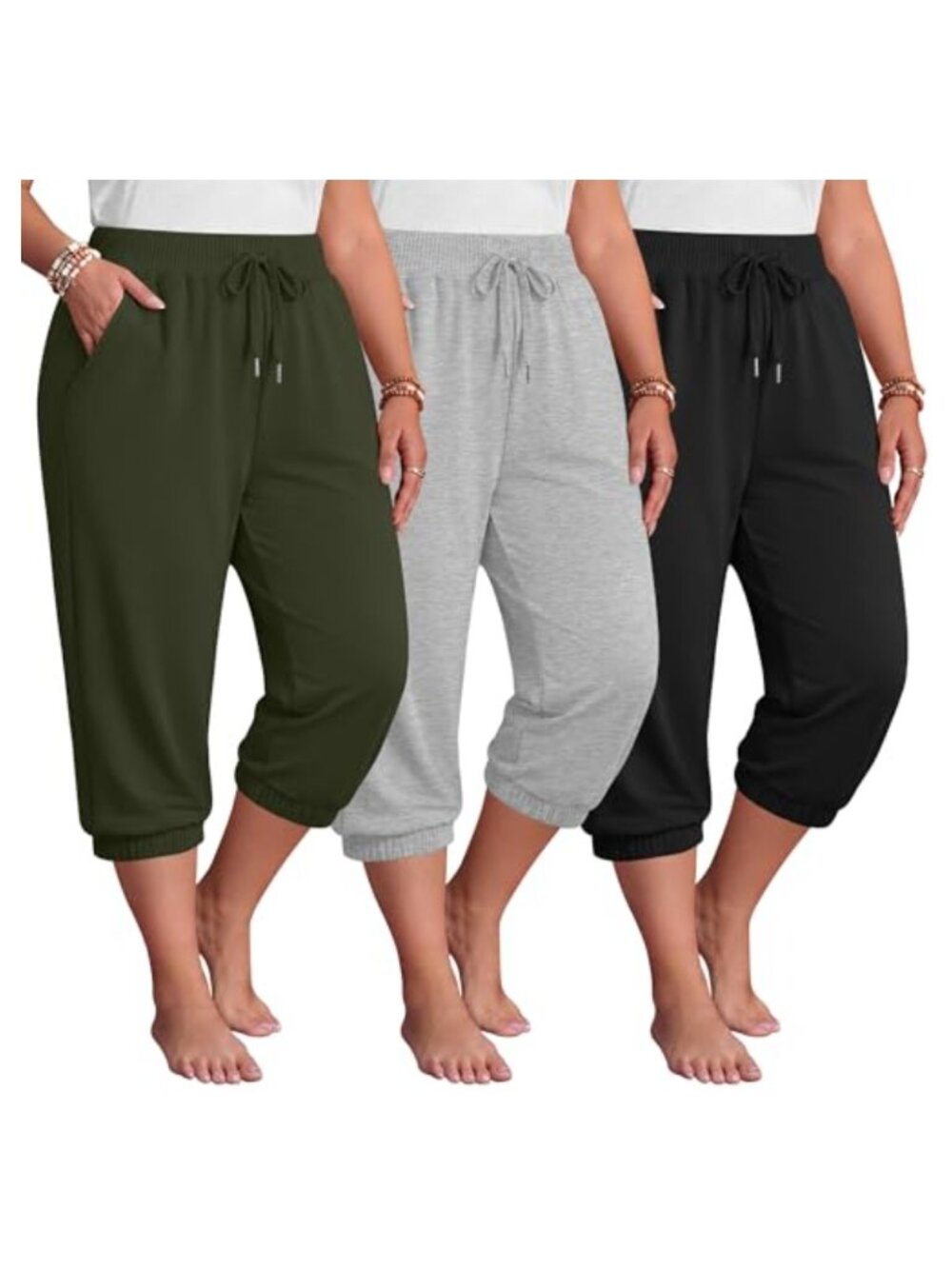 Plus Size Capri Joggers 3 Pack Lightweight Drawstring Waist Jogger Lounge